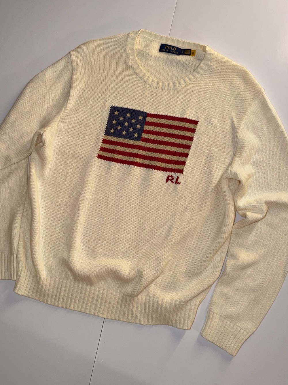 Ralph Lauren Cream Crewneck Sweater with American Flag Knit